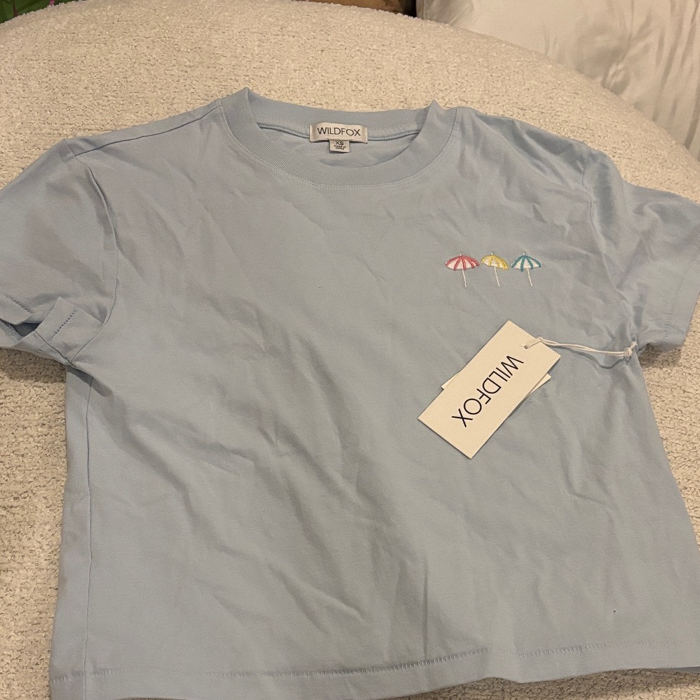 Wildfox Kids Blue Tee with Colorful Umbrellas